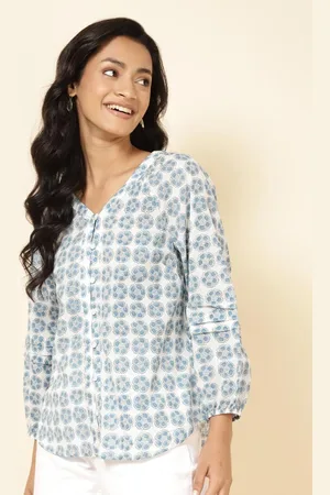 Fabindia Floral Printed V-Neck Cotton Shirt Style Top
