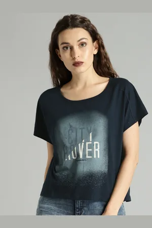 Roadster Women Navy Blue Printed Round Neck Boxy Pure Cotton T-shirt