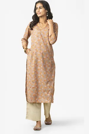 Fabindia Women Taupe & Mustard Yellow Pure Cotton Dobby Hand Block Print Straight Kurta