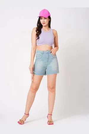 Globus Women Washed Slim Fit Mid-Rise Pure Cotton Denim Shorts