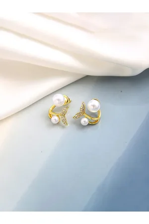 Krelin Gold-Plated Stone-Studded & Pearl-Beaded Fish Tail Studs Earrings