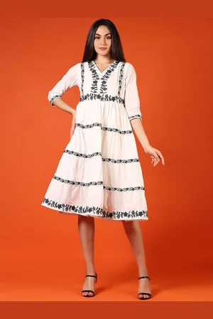 V-Mart Embroidered Cotton A-Line Knee Length Ethnic Dresses