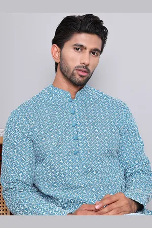Jompers Floral Embroidered Chikanakari Mandarin Collar Cotton Straight Kurta