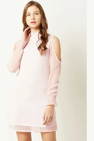 Miss Chase Women Pink Solid Cold Shoulder Sheath Dress