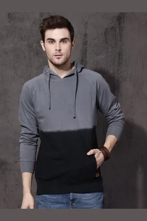 Roadster Men Grey & Black Colourblocked Hooded Sweatshirt