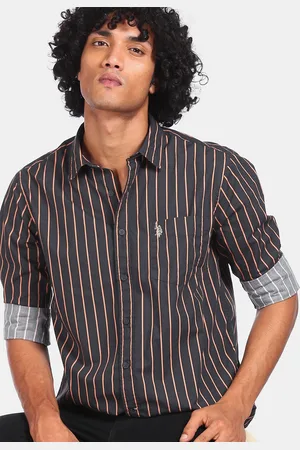 U.S. Polo Assn. Men Black & Rust Orange Pure Cotton Tailored Fit Striped Casual Shirt