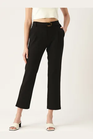 DressBerry Women Black Solid Pleated Crop Trousers with Belt