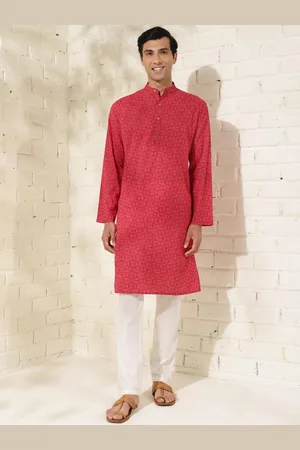 Fabindia Slim Fit Geometric Printed Mandarin Collar Cotton A-Line Kurta
