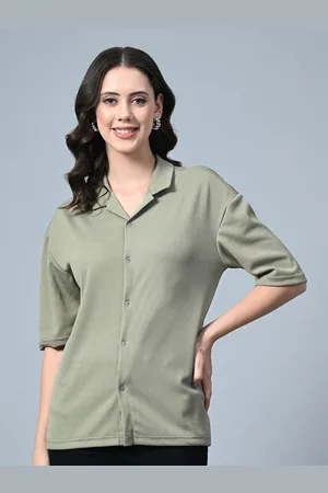 Moda Rapido Women Relaxed Fit Cuban Collar Vertical Striped Casual Shirt