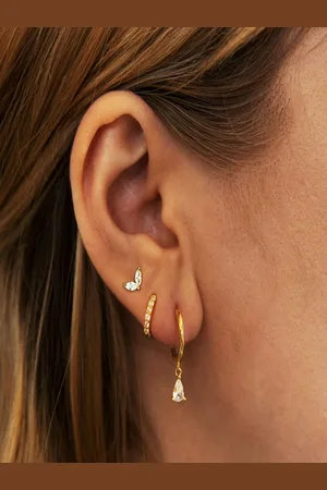 AQUASTREET Set of 3 14K Gold-Plated Single Ear Piercing Antitarnish Zircon Earrings