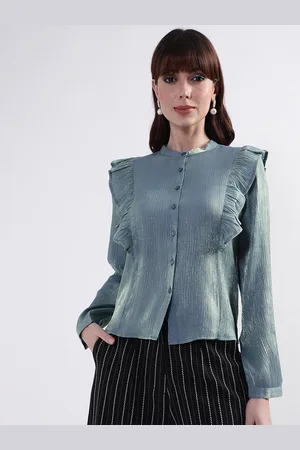 CENTRESTAGE Women Blue Solid Mandarin Collar Shirt Style Top