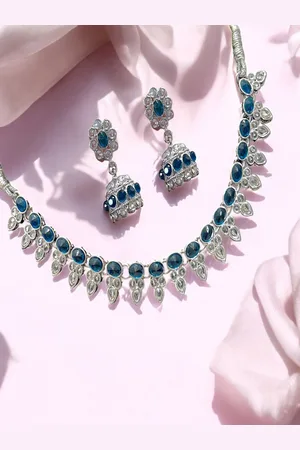 AccessHer Silver-Plated Stone Studded Peacock Necklace and Earrings With Maang Tika