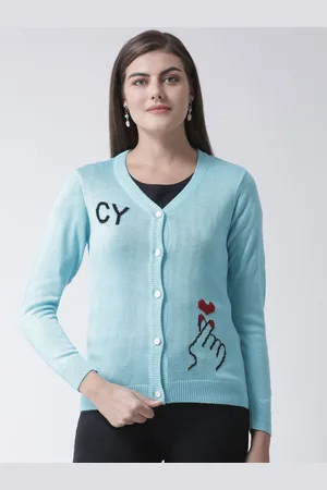 Club York Women Blue & Black Graphic Printed Long Sleeves Cardigan