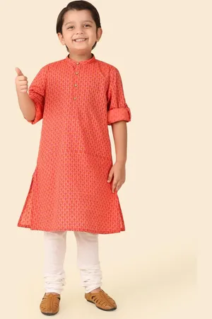 Fabindia Boys Ethnic Motifs Printed Band Collar Pure Cotton Straight Kurta