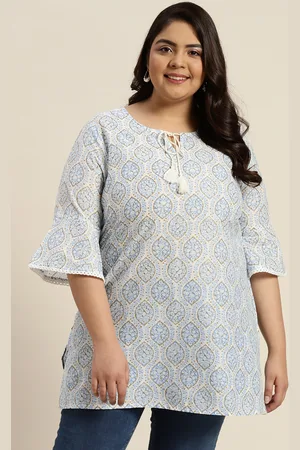 Sztori Plus Size White & Blue Pure Cotton Printed Flared Sleeves Kurti