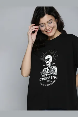HERE&NOW HERENOW Women Black White Printed Extended Sleeves Pure Cotton T-shirt