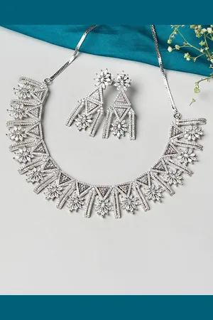 Voylla Rhodium-Plated Silver Toned Stone-Studded & Beaded Jewellery Set