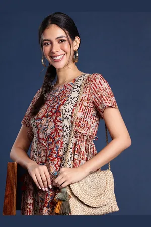 Taavi Kalamkari Ethnic Motifs Printed A-Line Pure Cotton Ethnic Dresses