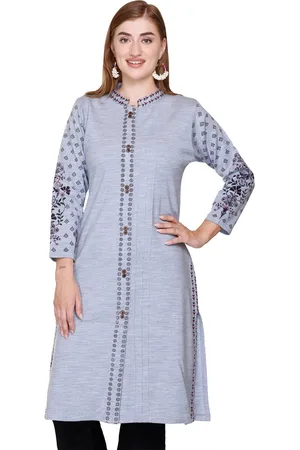 Elthia Floral Printed Mandarin Collar Pure Woolen Straight Kurta