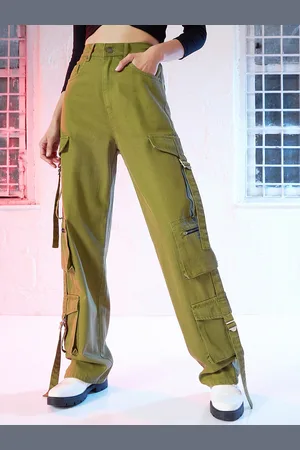 Sassafras Women Green Straight Fit High-Rise Clean Look Pure Cotton Cargo Jeans