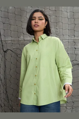 Sassafras Women Relaxed Oversized Fit Spread Collar Vertical Striped Casual Shirt