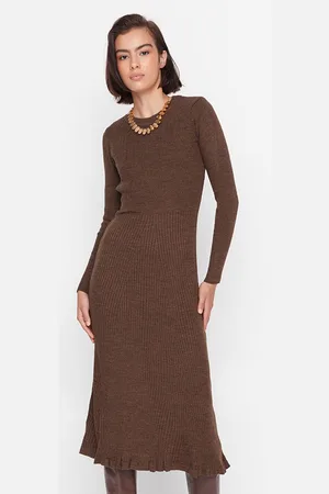 Trendyol Women Brown A-Line Acrylic Midi Dress