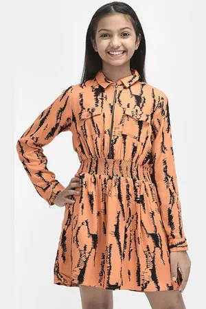 Crimsoune Club Abstract Print Shirt Collar Fit & Flare Long Sleeve Viscose Rayon Dress