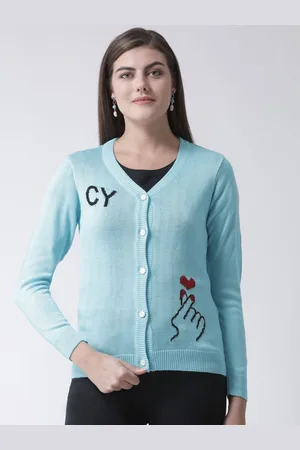 Club York Women Blue Self Design Cardigan Sweater