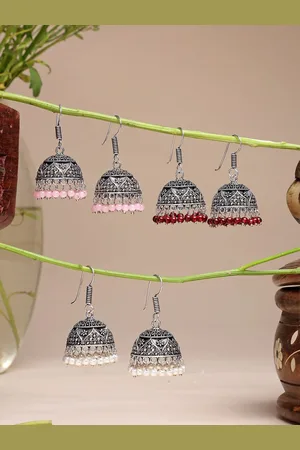 NVR Women Pair of 3 Oxidised Silver Plated Multicolor Artificial Beads Jhumka Earrings