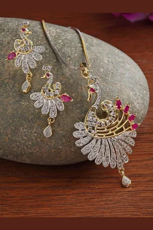 Zeneme Women Pink Gold Plated White CZ Stone Studded Peacock Pendant Set