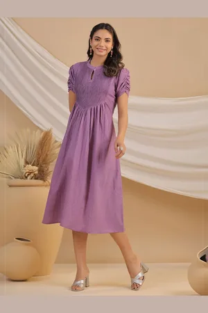 Kalini Women Self Design Puff Sleeves Mandarin Collar Fit and Flare Midi Dress