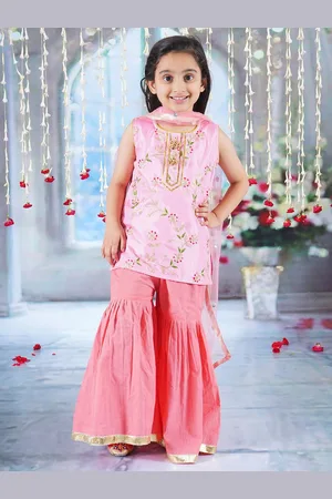 Little Bansi Girls Floral Embroidered Pure Cotton A-Line Kurta With Sharara & Dupatta