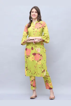 Kalini Printed Pure Cotton Mandarin Collar Kurta With Trousers Co-Ords Set