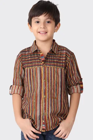 Fabindia Boys Maroon & Yellow Striped Casual Shirt