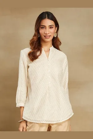 Fabindia Women Mandarin Collar Self Design Three-Quarter Sleeves Tunic