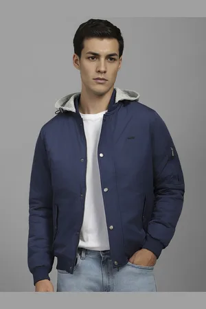 Louis Philippe Men Hooded Solid Cotton Casual Bomber Jacket