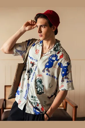 Bewakoof Beige-Coloured Modern Fit Anime All Over Printed Oversized Casual Shirt