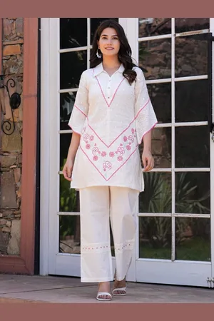 AUTUMN LANE Floral Embroidered Pure Cotton Shirt Collar Tunic With Trousers
