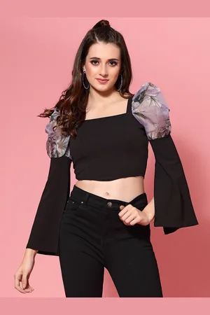 KASSUALLY Women Black & Purple Puff Sleeves Crop Top