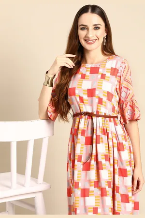 Sangria Printed A-Line Dress With Belt