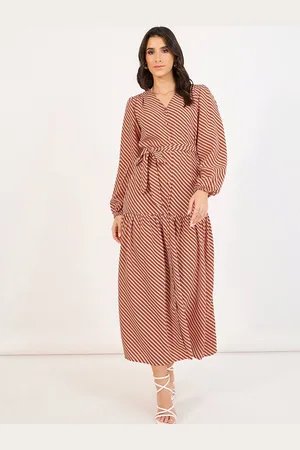 Styli Women Striped Print V-Neck Puff Sleeves A-Line Maxi Dress