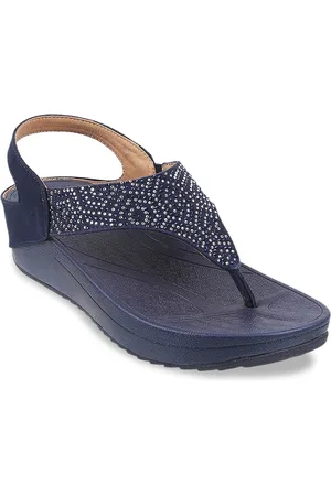Metro Women Blue Embellished Synthetic T-Strap Flats
