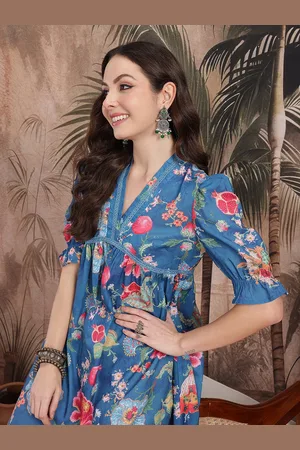 Sangria Floral Print Lace Detail Puff Sleeve Empire Style Ethnic Dress
