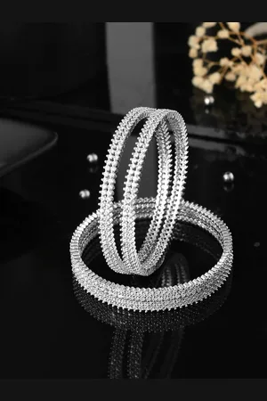 Voylla Set Of 4 Rhodium Plated Cubic Zirconia Studded Bangles