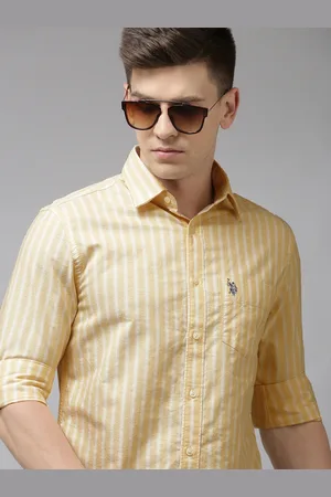 U.S. Polo Assn. U S Polo Assn Men Yellow & White Tailored Fit Striped Pure Cotton Casual Shirt