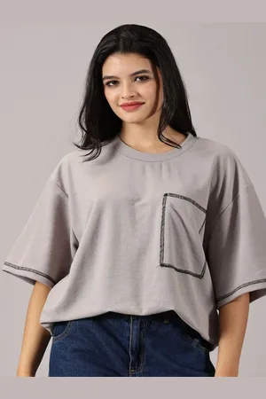 Rodzen Women Solid Round Neck Cotton Oversized T-shirt