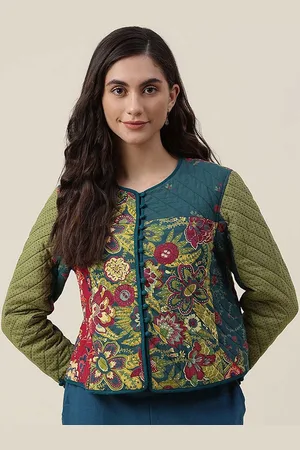 Fabindia Women Green Floral Tailored Cotton Jacket