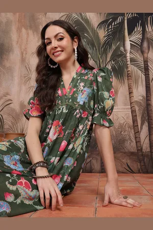 Sangria Floral Print Lace Detail Puff Sleeve Empire Style Ethnic Dress