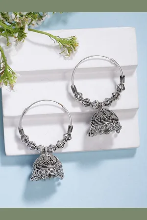 NVR Women Handmade Silver Plated Oxidised Traditional Jhumka Earrings