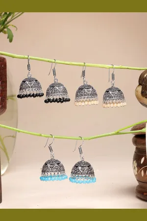NVR Women Pair of 3 Multicolor Artificial Beads Oxidised Silver Plated Jhumka Earrings